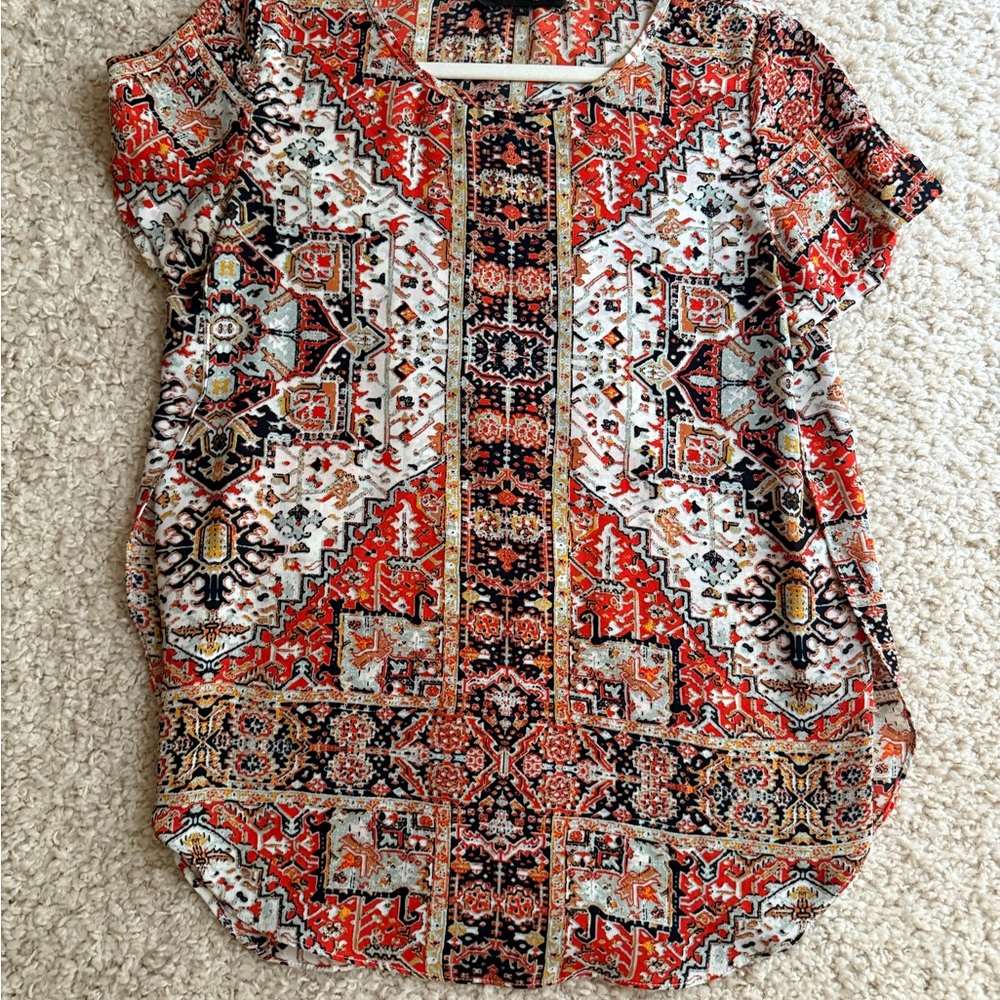 Olivaceous Red and Black Graphic Short Sleeve Blouse